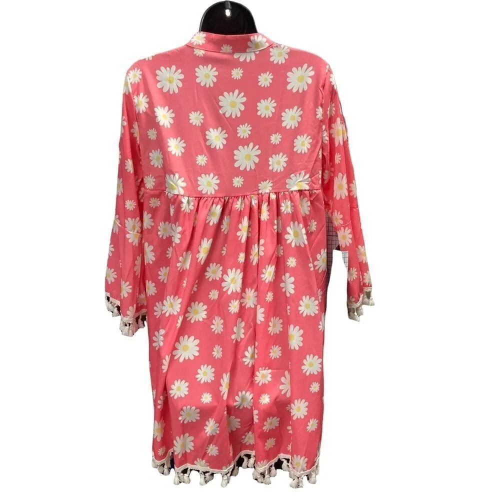 No Brand, Pink floral, tunic/dress, Crochet‎ border on neckline, hem &cuffs.Med - Image 2