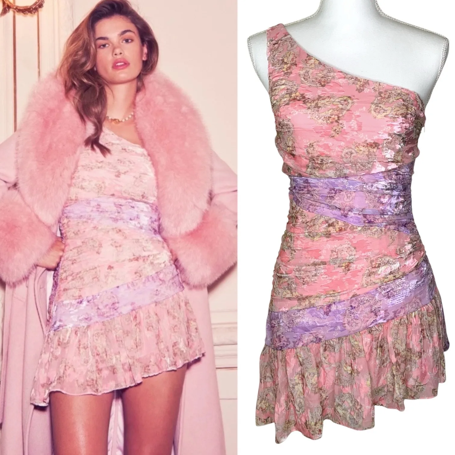 LoveShackFancy Zietta Dusty Amethyst Floral Paisley Velvet One Shoulder Mini - Image 2