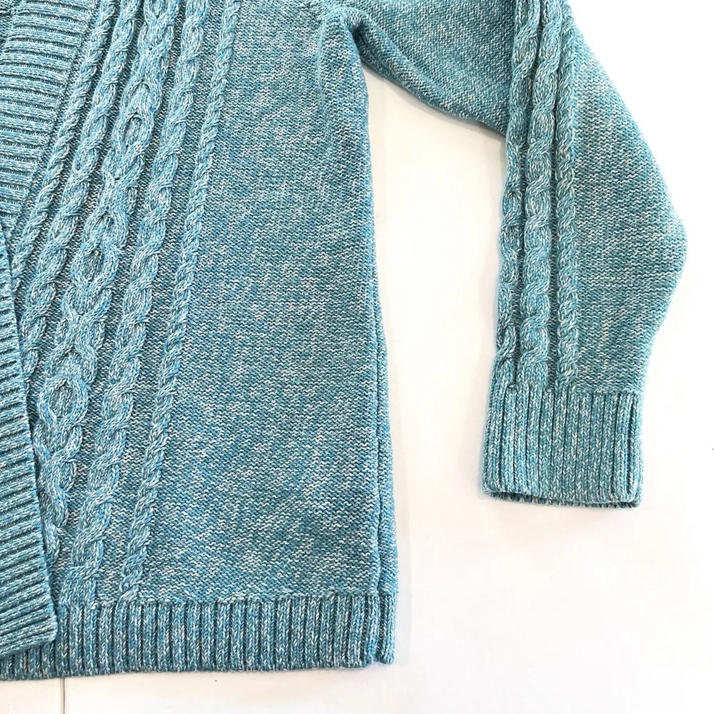 LL Bean Teal Double L Mixed Cable Open Front Cardigan Sweater Size XL PETITE Blue - Image 4