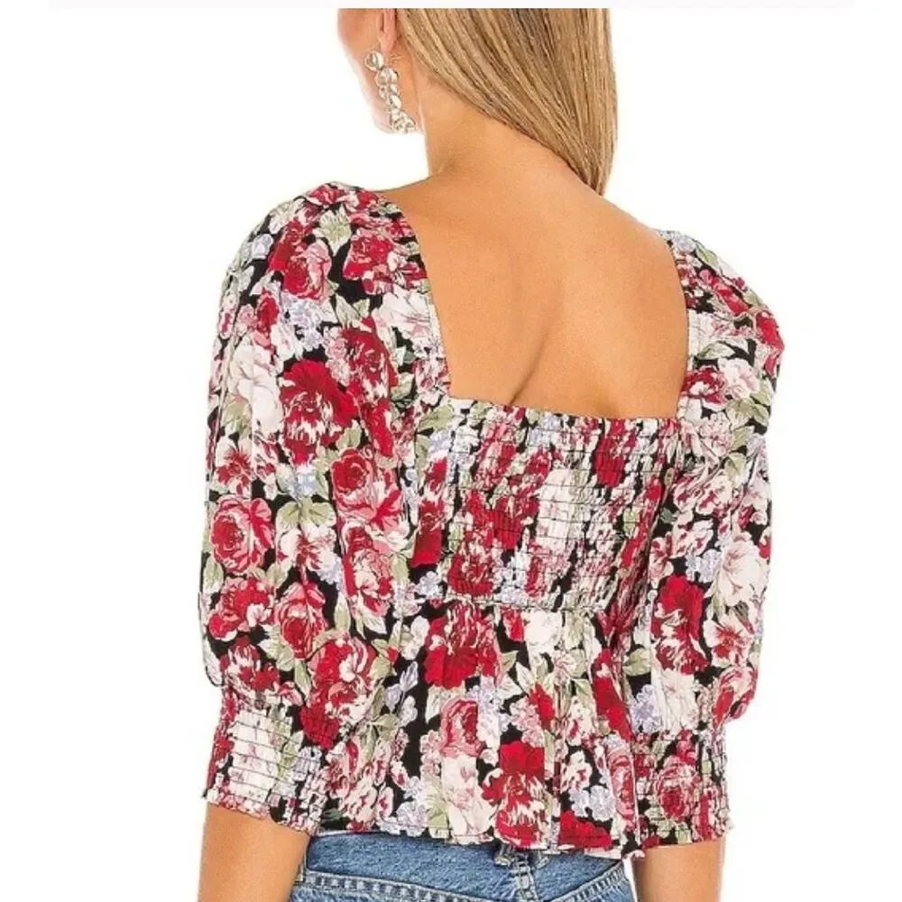 MINKPINK Kind Words Large Multi Red Rose Floral Romantic Crop Puff Sleeve Blouse - Image 6