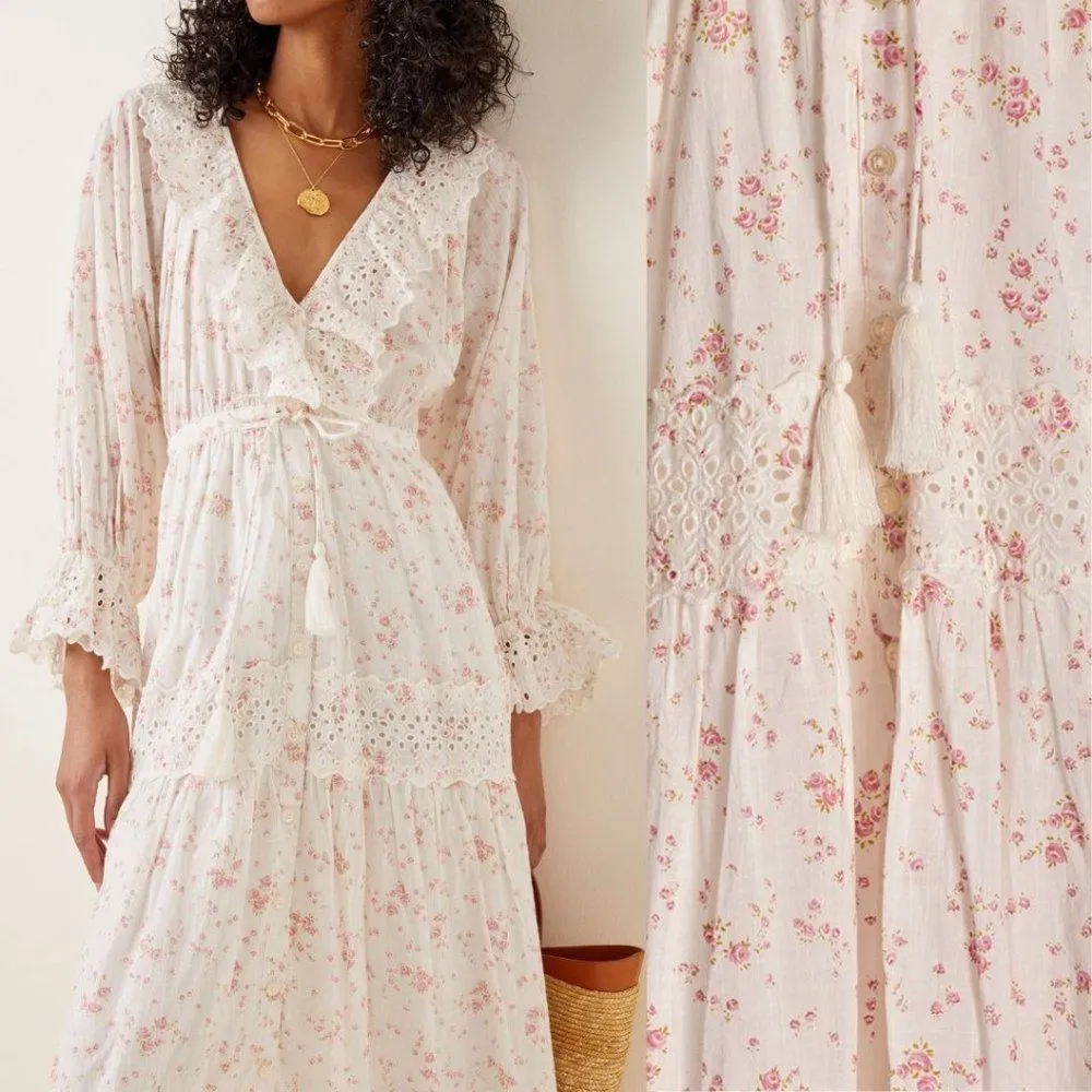 byTiMO Cotton Slub Midi Dress Floral Print Lace Button Down Cottagecore Small - Image 49