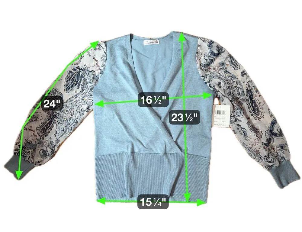 89th + Madison Ashleigh Faux Wrap Sweater Paisley Chiffon Sleeve Size Small NWT Gray - Image 10