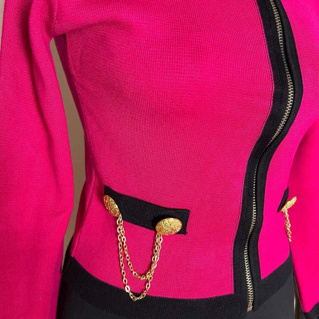 Zara Hot Pink Knit Jacket with Gold Accents - Image 2