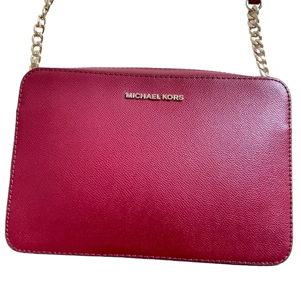 Michael Kors Jet Set Large Saffiano Leather Crossbody Bag Mulberry Gold Chain - Image 5