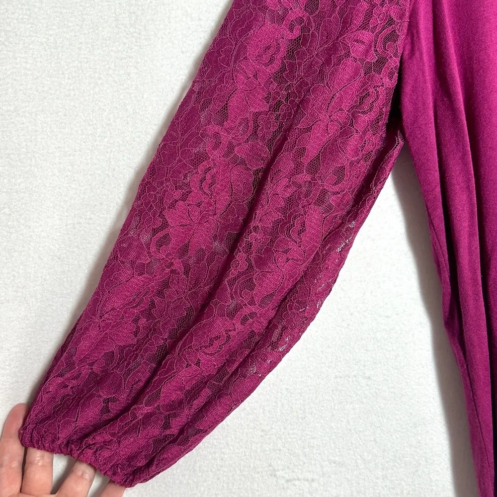 Cable & Gauge Woman Stretchy Top Blouse 1X Magenta Lace Sleeves Lacy Pullover - Image 3