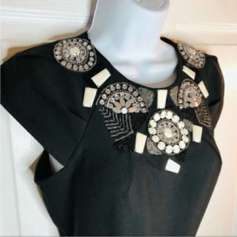 bebe Black Mini Sheath Dress Cap Sleeves Embellished Beaded Yoke Cocktail XXS - Image 4