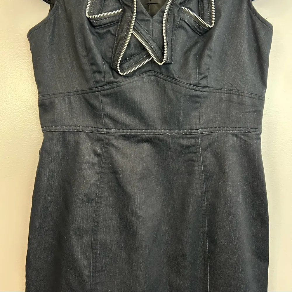 London Times Dark Denim Zipper Ruffle Neck Sheath Dress Size 6 - Image 12