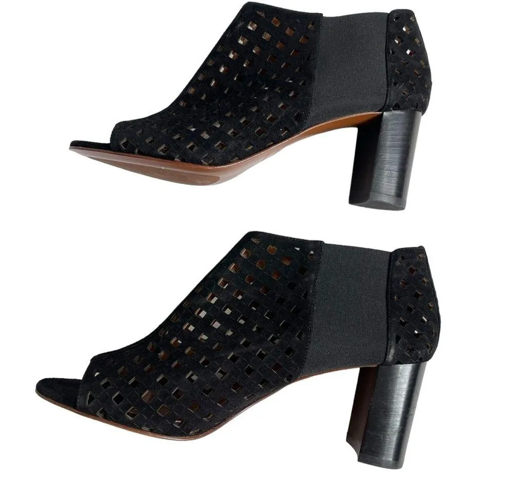 Aquatalia Shari Perforated Open Toe Suede Boots Size 10 Black Block Heel - Image 5