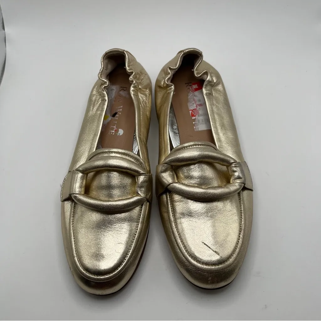 EUC RON WHITE Fibi Metallic Gold Leather Flat Loafers In Onyx size 35.5 US 5 - Image 3
