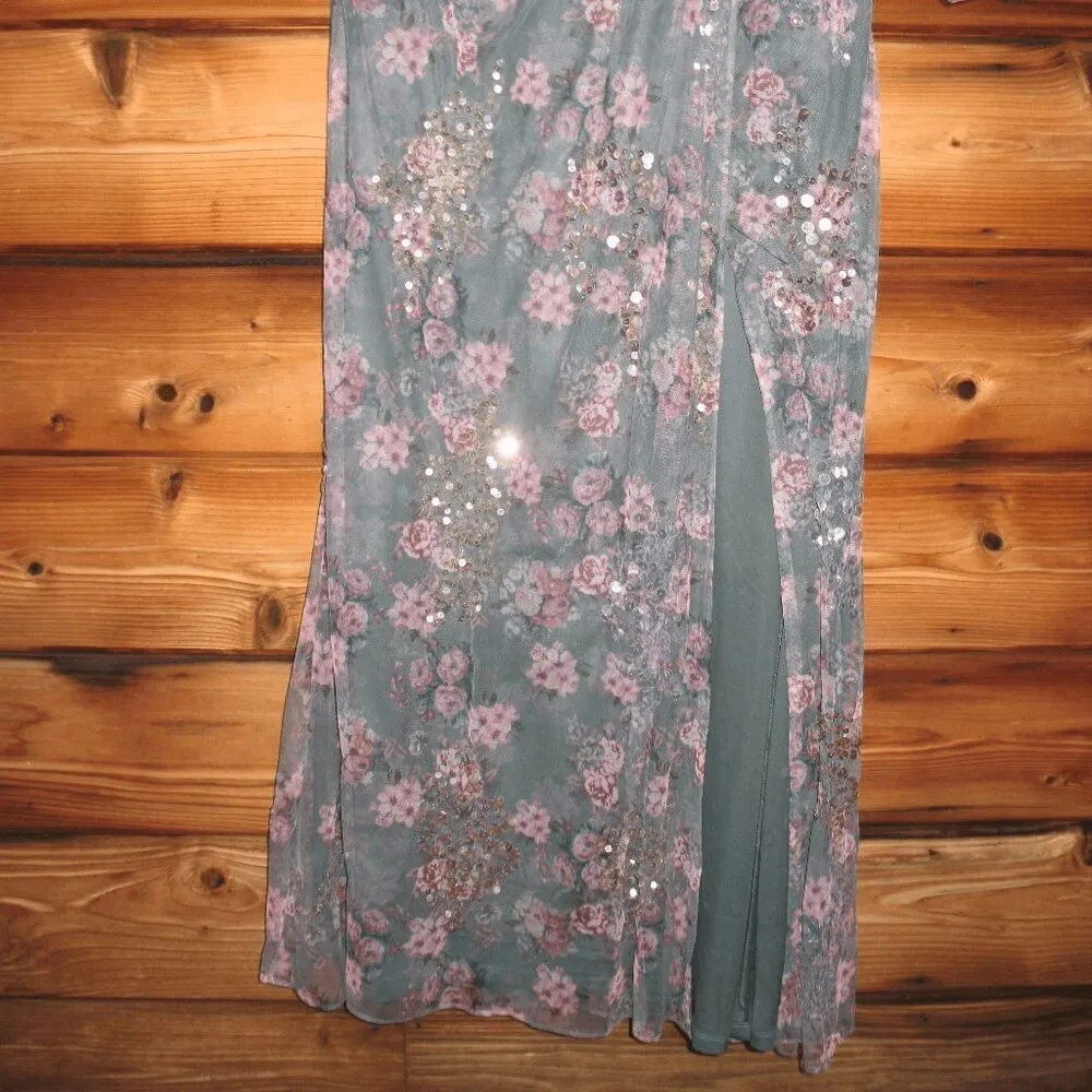 MAC DUGGAL  93750 Embellished Illusion Long Sleeve Faux Wrap Gown Gray-Green 10 - Image 10