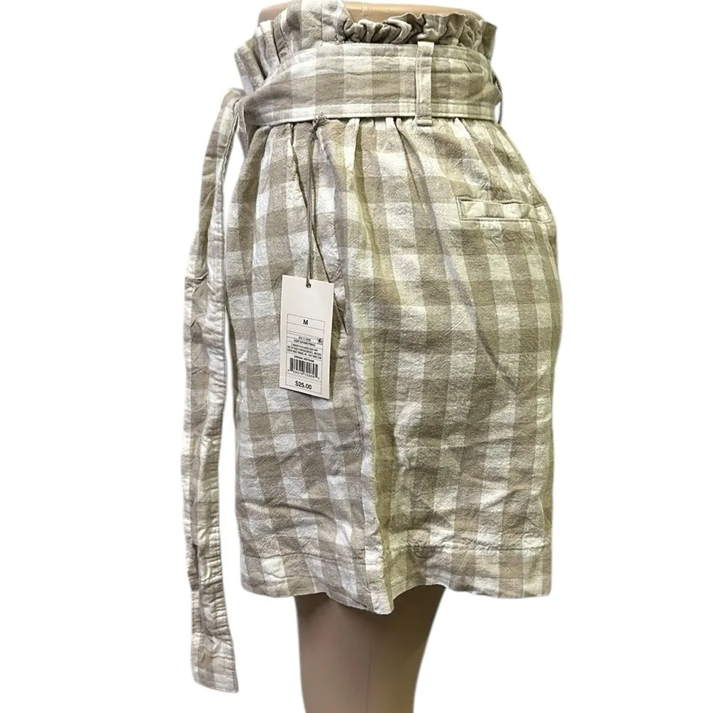 Linen Blend A New Day Paper Bag Tan White Gingham Plaid High Rise Shorts Medium - Image 4