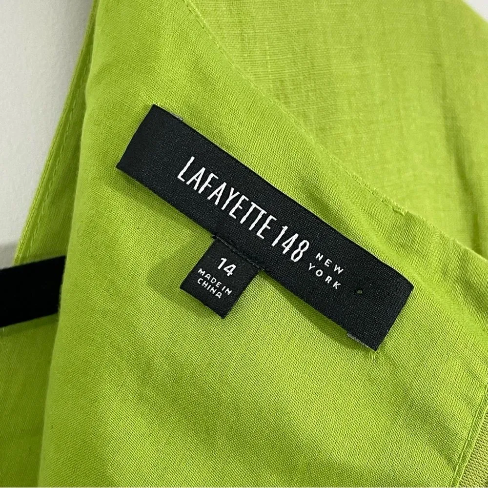 Lafayette 148 Linen Midi Dress Size 14 in‎ Bright Green V - Image 5