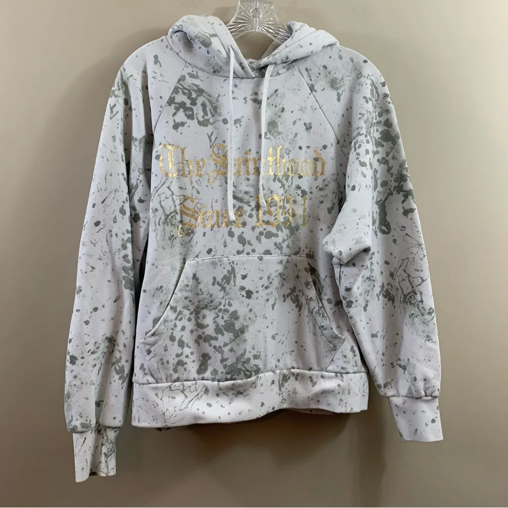 All Saints White and Gray Paint Splatter with Gold Logo Sweatshirt Hoodie - Image 2