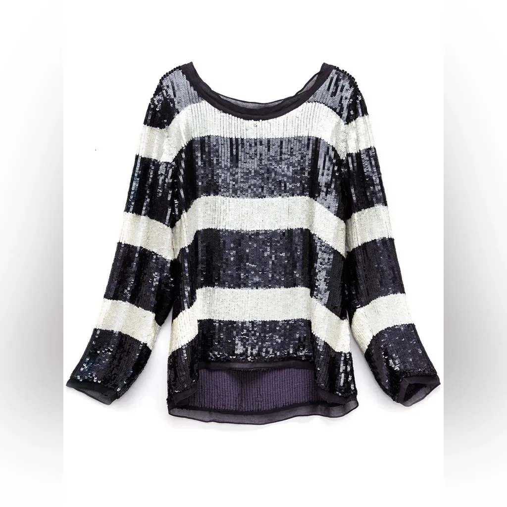 NWT AS BY DF Sequin Rugby Colorblock Long Sleeve Tee in Witching Hour Blue Small White - Image 4