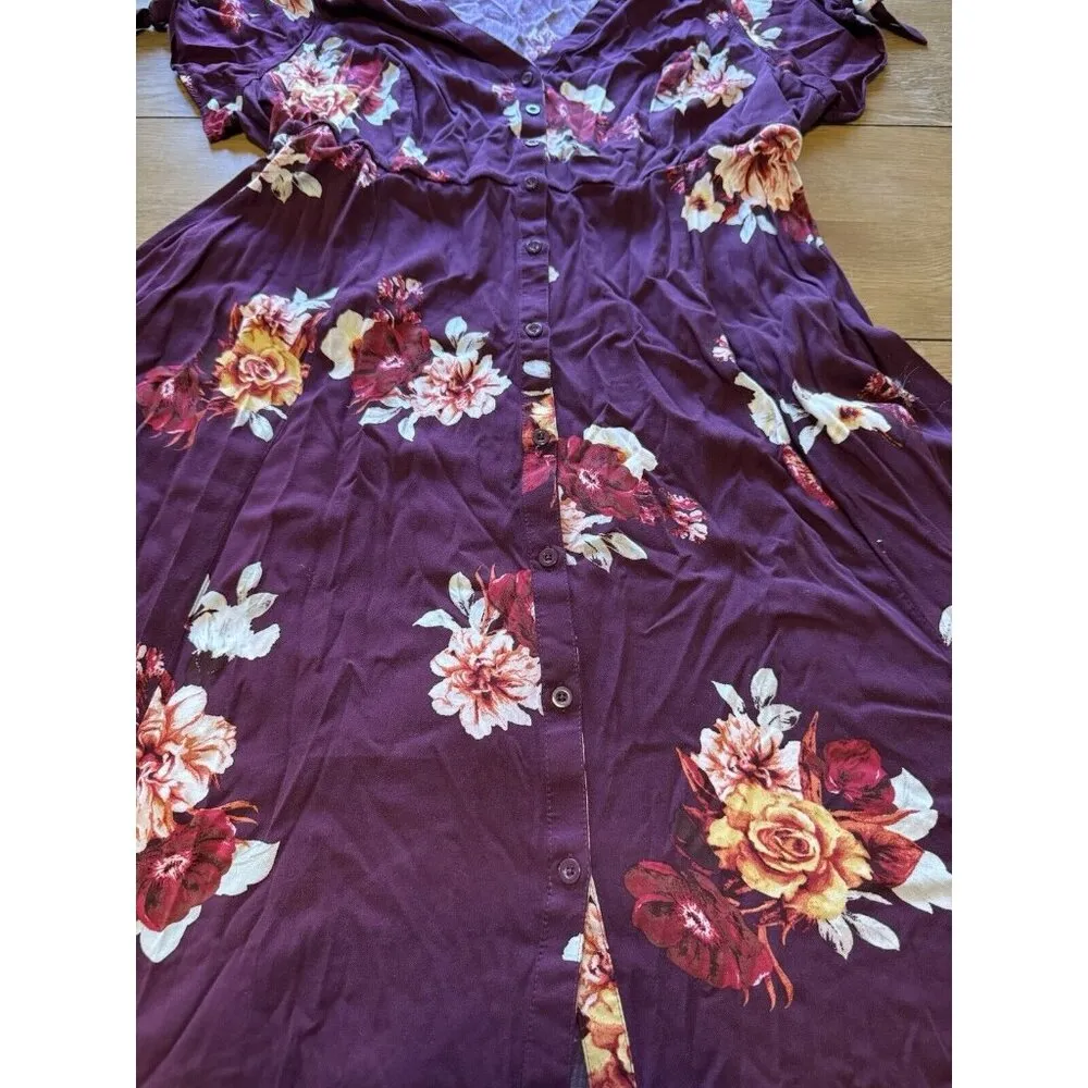 Torrid Floral V-Neck Button Down Swing Midi Dress Pockets Burgundy Size 2 Summer - Image 7