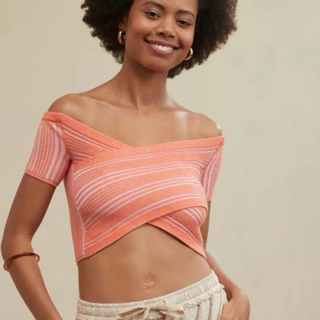 Coral Striped Off Shoulder Wrap Cropped Sweater Top Size S - Image 2