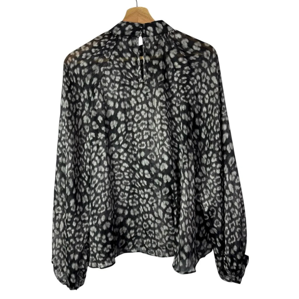 Worthington Dark Gray & White Leopard Print High Neck Long Sleeve Blouse M - Image 2