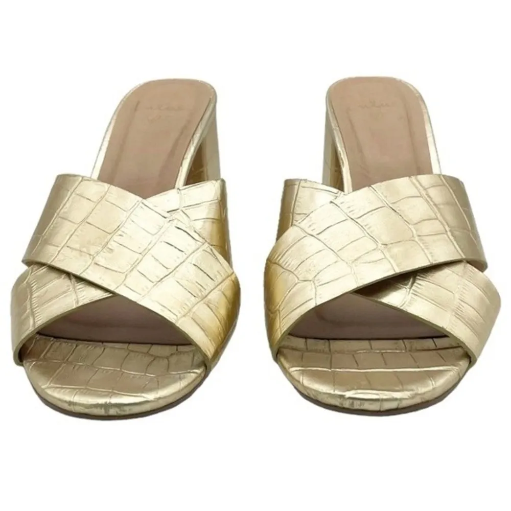 Lulus Ybarra Metallic Gold Croc-Embossed Block Heel Leather Sandals Size 7.5 - Image 8