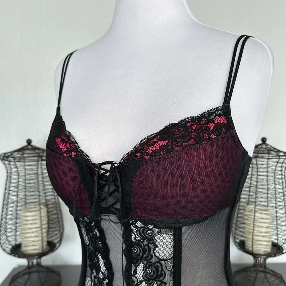 Victoria’s Secret Black And Pink Lace Garter Corset‎ Bustier Size 34C - Image 3