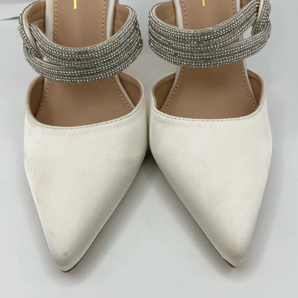 Lulu's Celine satin white pointed toe mules rhinestone strap women’s Size 7.5 - Image 11