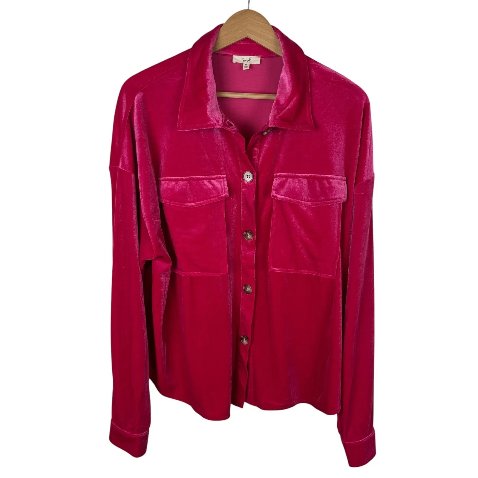 Easel Los Angeles Womens Pink Velvet Shirt Medium Button Down Oversized Colorful - Image 2