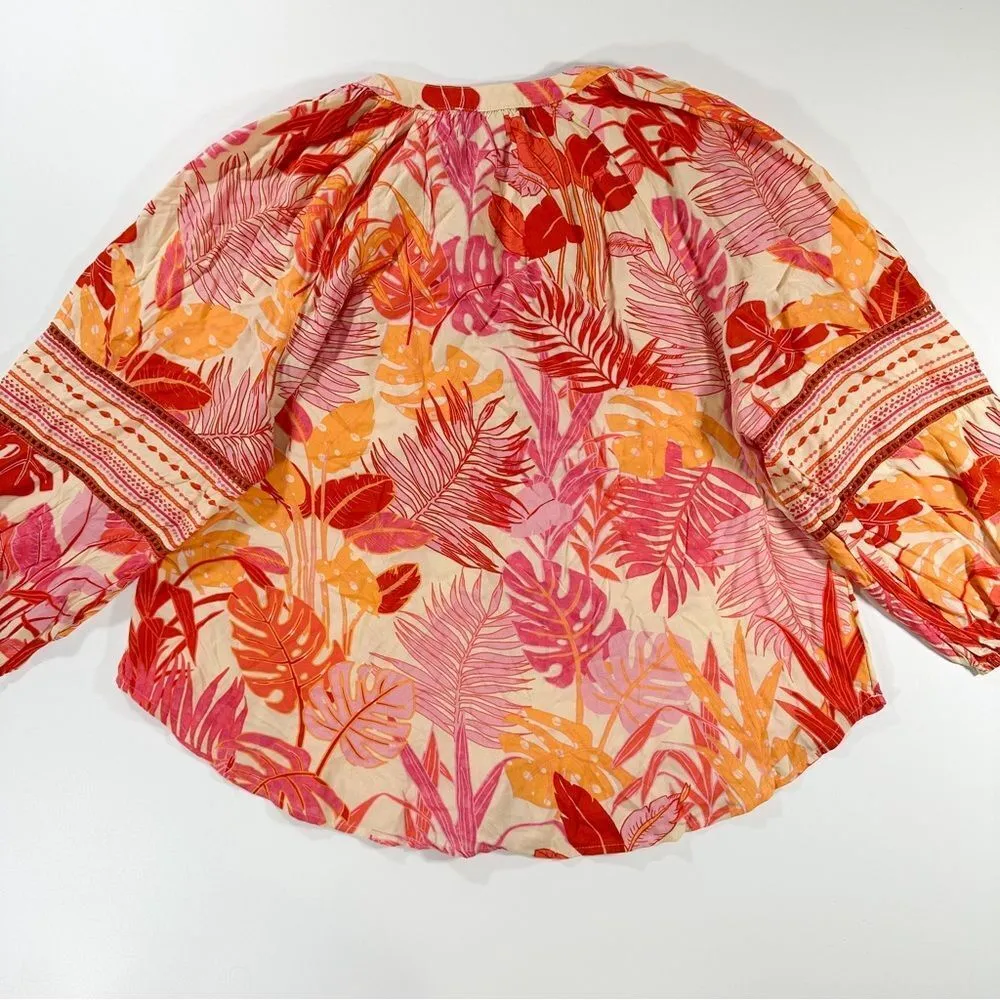 Size S Tropical Floral Bohemian Peasant Style Blouse With Tassels - Image 10