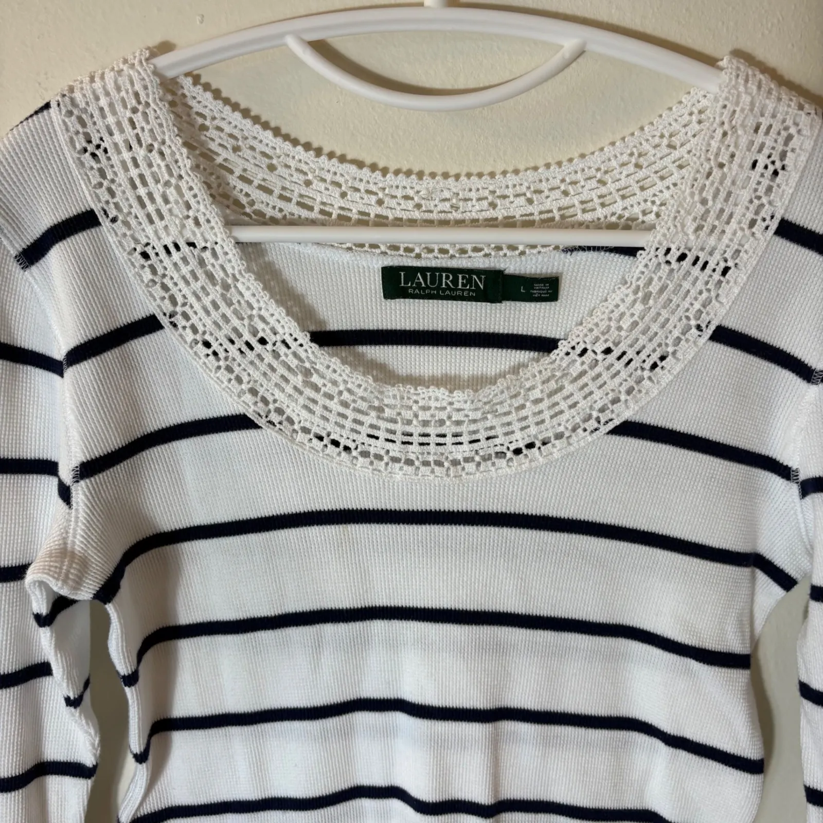 LAUREN Ralph Lauren Womens Striped Long Sleeve Crochet Neck Thermal Top Size L - Image 3
