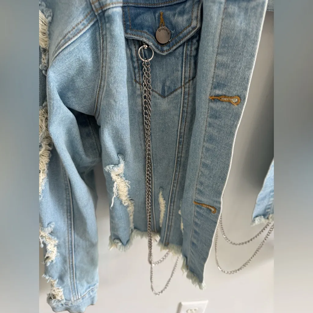 Distressed Denim Jacket with Chains Blue - Image 4