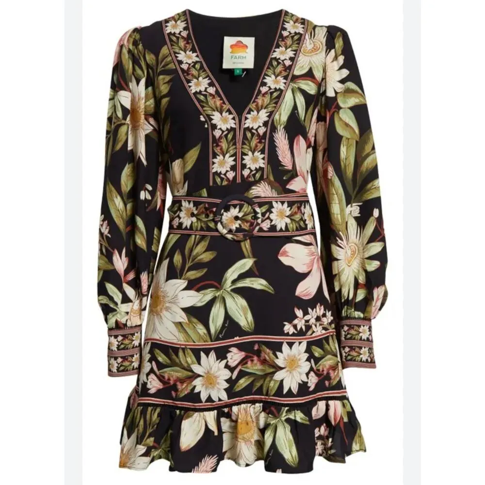 Farm Rio Black Surreal Flowers Long Sleeve Mini Dress size small (New) - Image 4