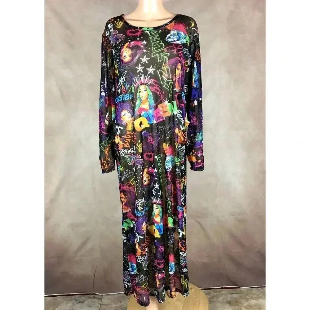 Graffiti Printed Sheer Mesh Maxi Dress Black Size undefined - Image 3
