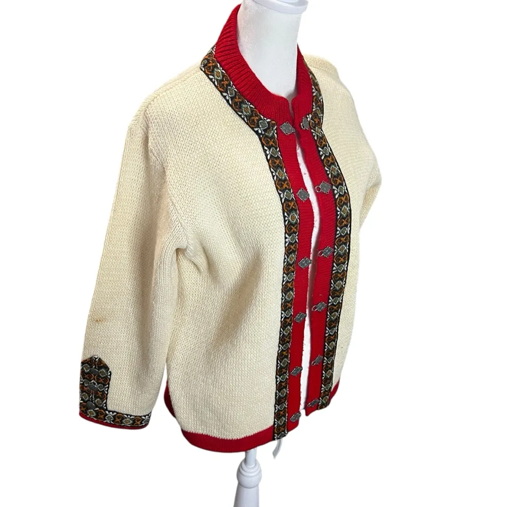 Vintage 70s Gann Sport Norwegian Wool Cardigan Pewter Clasps Size 38 Red Size M - Image 3