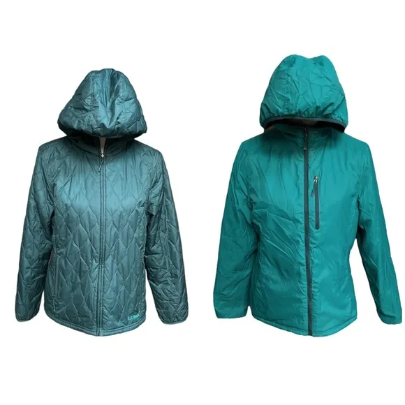 L.L. Bean Reversible Hooded Packaway Jacket Teal Size Medium Petite - Image 2