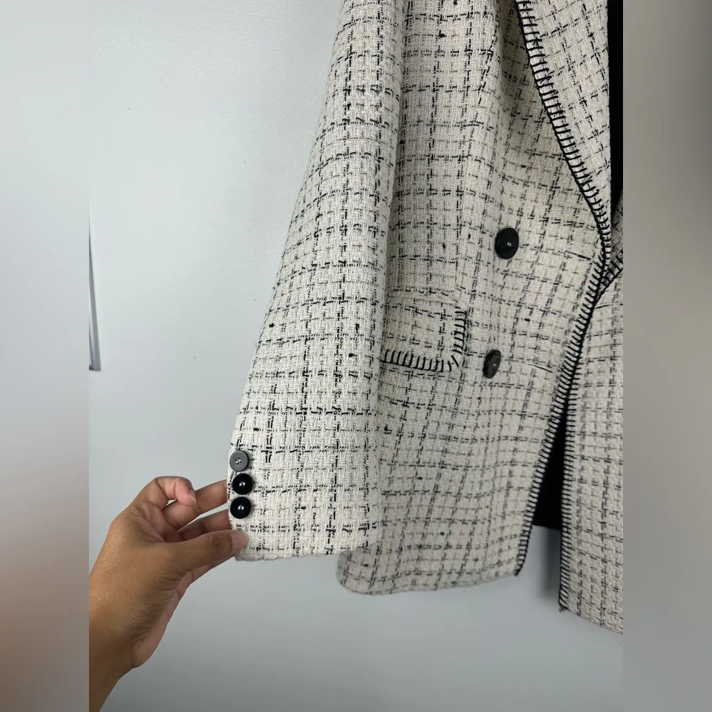 Zara Double Breasted Tweed Texture Weave White Casual Blazer Jacket Women’s Sz M - Image 7