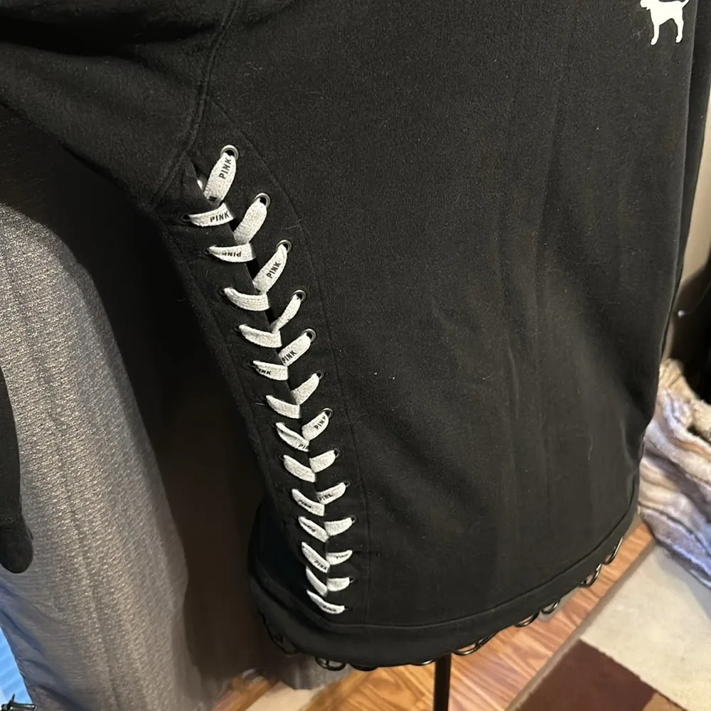 PINK Victoria's Secret Women Sweatshirt Black Logo Lace Up Crew Neck​ - Image 3