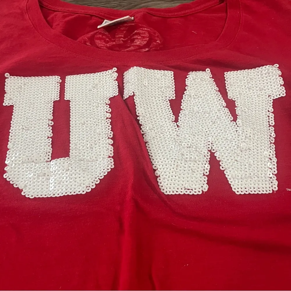 PINK Victoria’s Secret with 5th & Ocean White Sequins UW Red T-Shirt; Large - Image 2