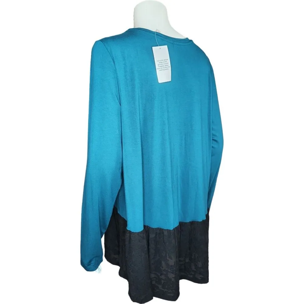 LOGO by Lori Goldstein Aqua Black Lace Detail Long Sleeve Top Womens Large NWT - Image 7