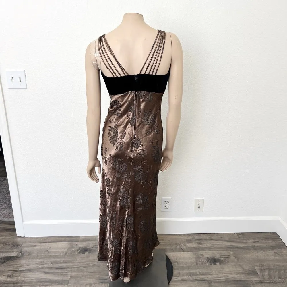 [Vintage] 90s All That Jazz Small Brown Floral Print Satin Velvet Strappy Dress - Image 2