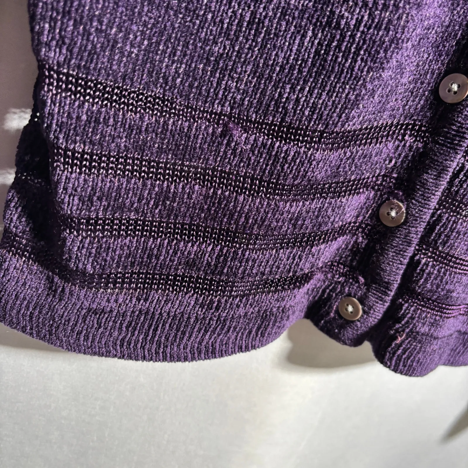 VTG Hillard‎ Hanson Purple Chenille Knit Cardigan Buttons Sheer Stripes V Neck L - Image 7