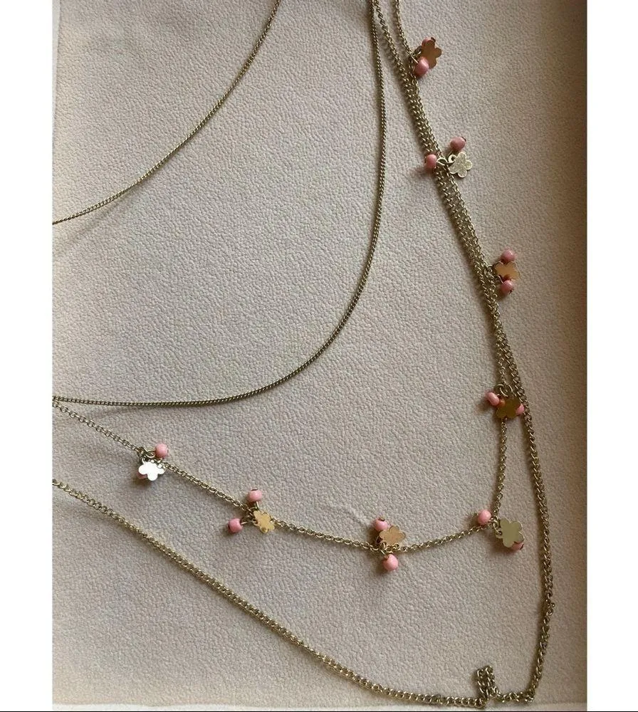 Vintage Gold Pink Multi Layer Dainty Tiered Chains Necklace Costume Jewelry - Image 4