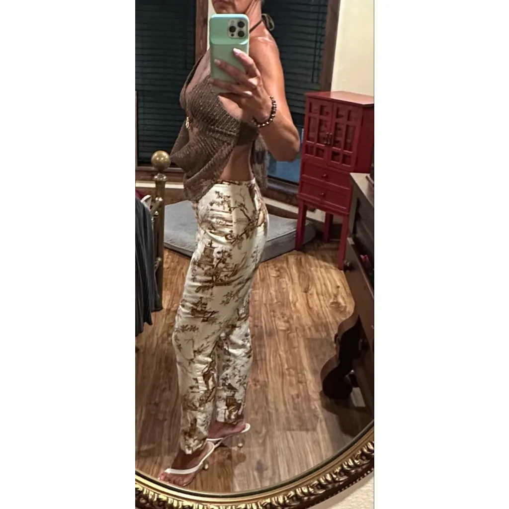 Women's Silk Club Collection Pants Size 6 Beige Brown Print Linen - Image 2