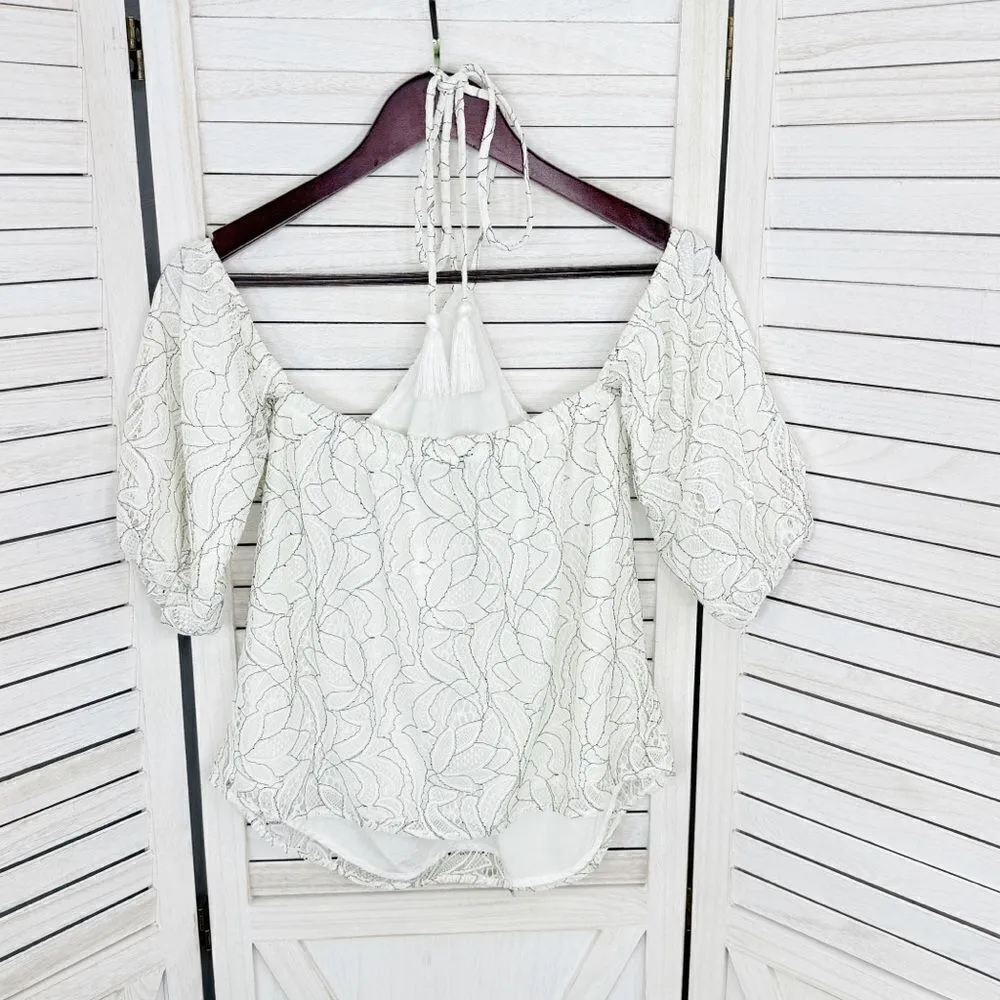 Beau Tissu Lace Cold Shoulder Puff Sleeve Halter‎ Blouse White Black Small - Image 9