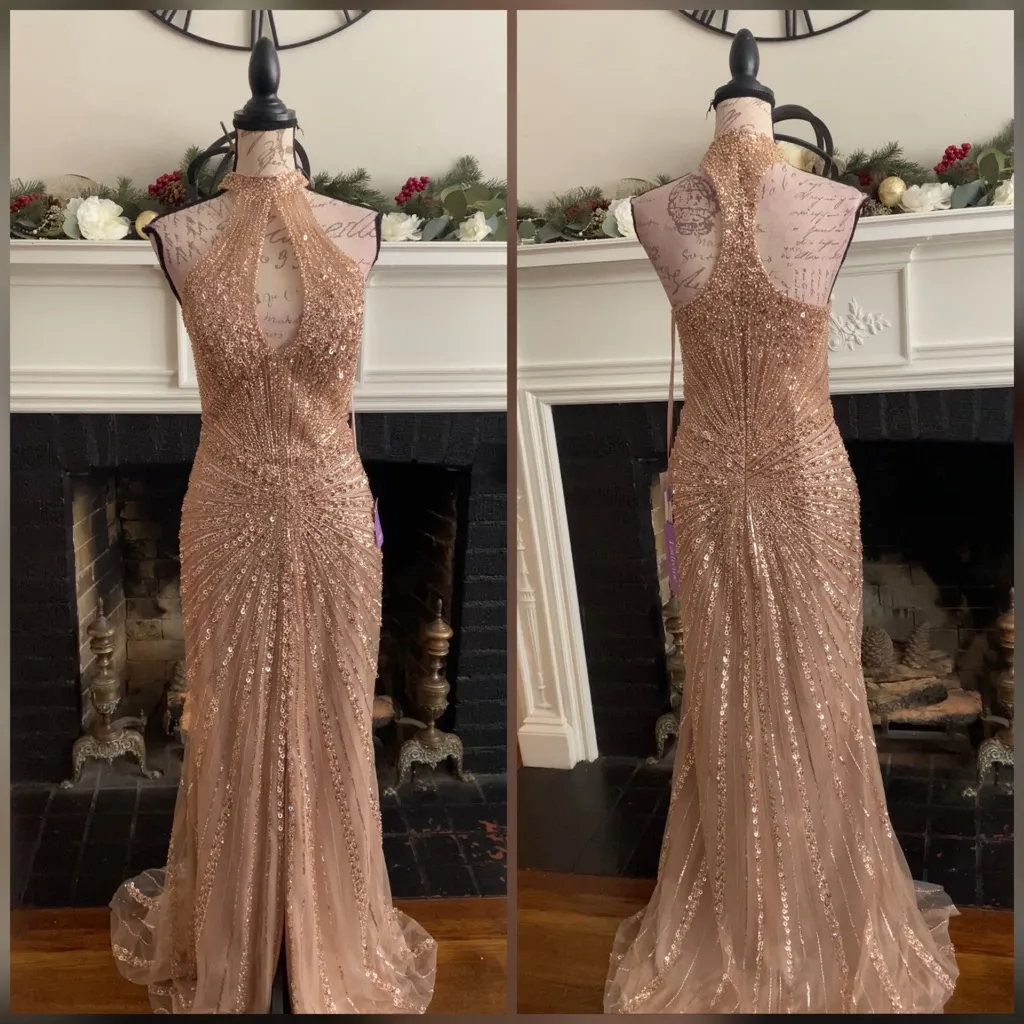 Heavily beaded gold prom dress, formal dress or pageant evening gown - Image 2