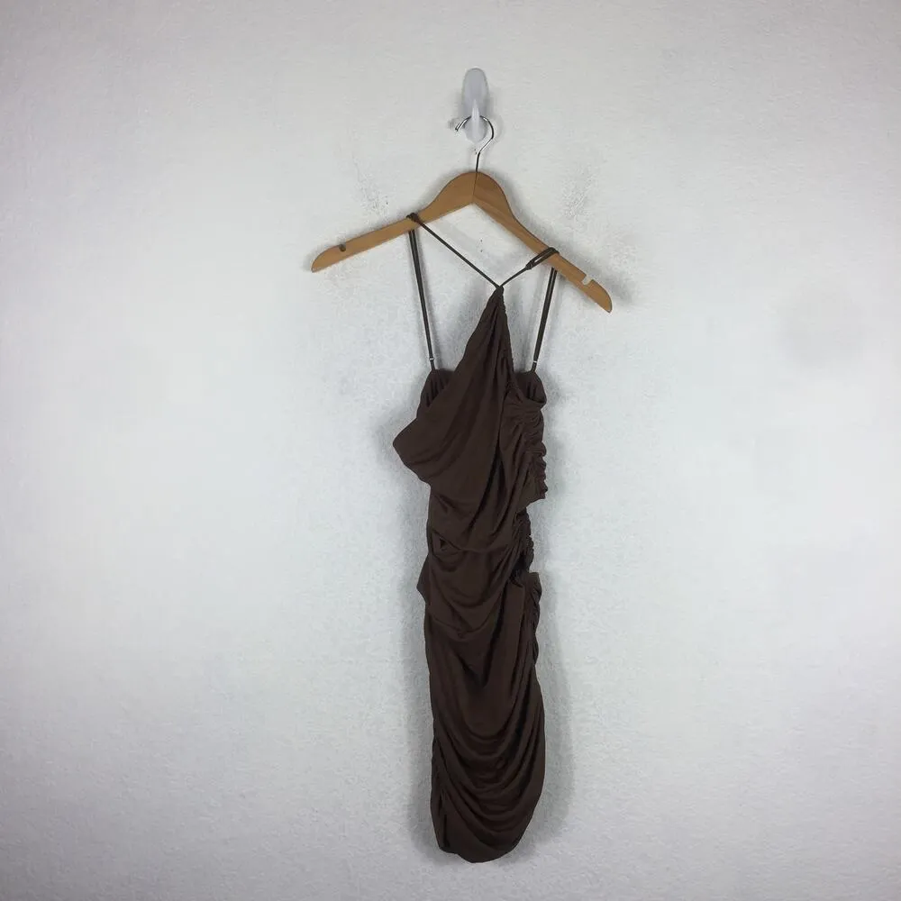 Zara Brown Asymmetric Draped Cut Out Ruched Mini Dress Size XS 7733/075 - Image 4