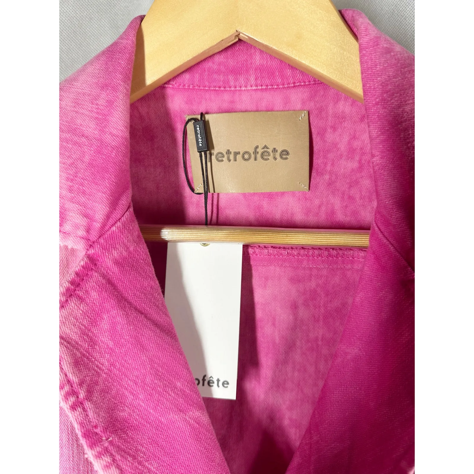 Retrofete Willa Denim Mini Dress Vintage Pink Size Large Stretch Distressed - Image 5