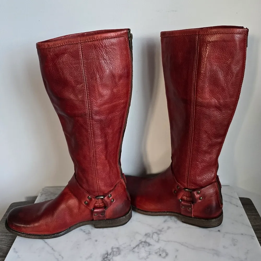 Frye, Phillip Harness Boots Red Burgundy Tall Leather Western Boot, Size 8.5 - Image 6
