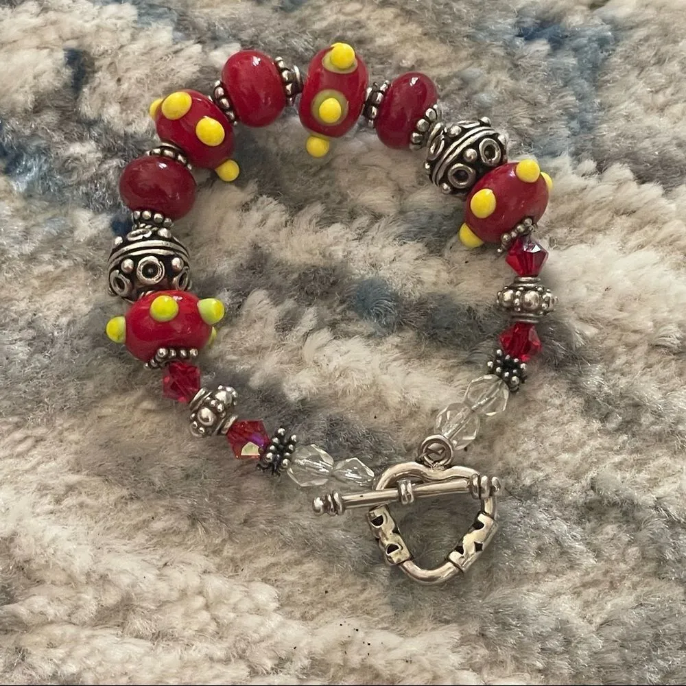 Red lamp work bead bracelet with silver and Swarovski crystals - Image 2