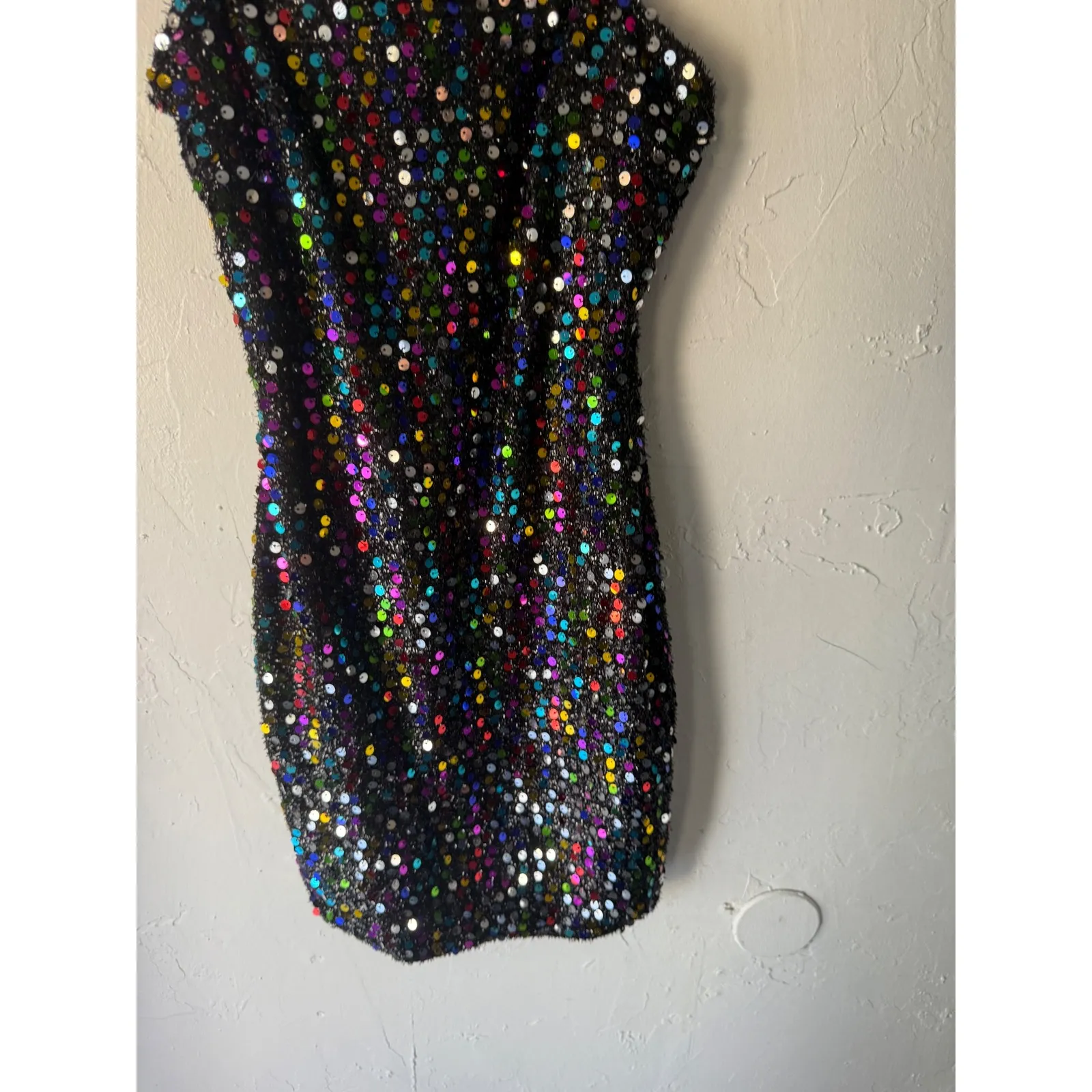 NWT Sparkly Sequin Mini‎ Dress Spaghetti Straps Blk Rainbow Party Clubwear Disco - Image 4
