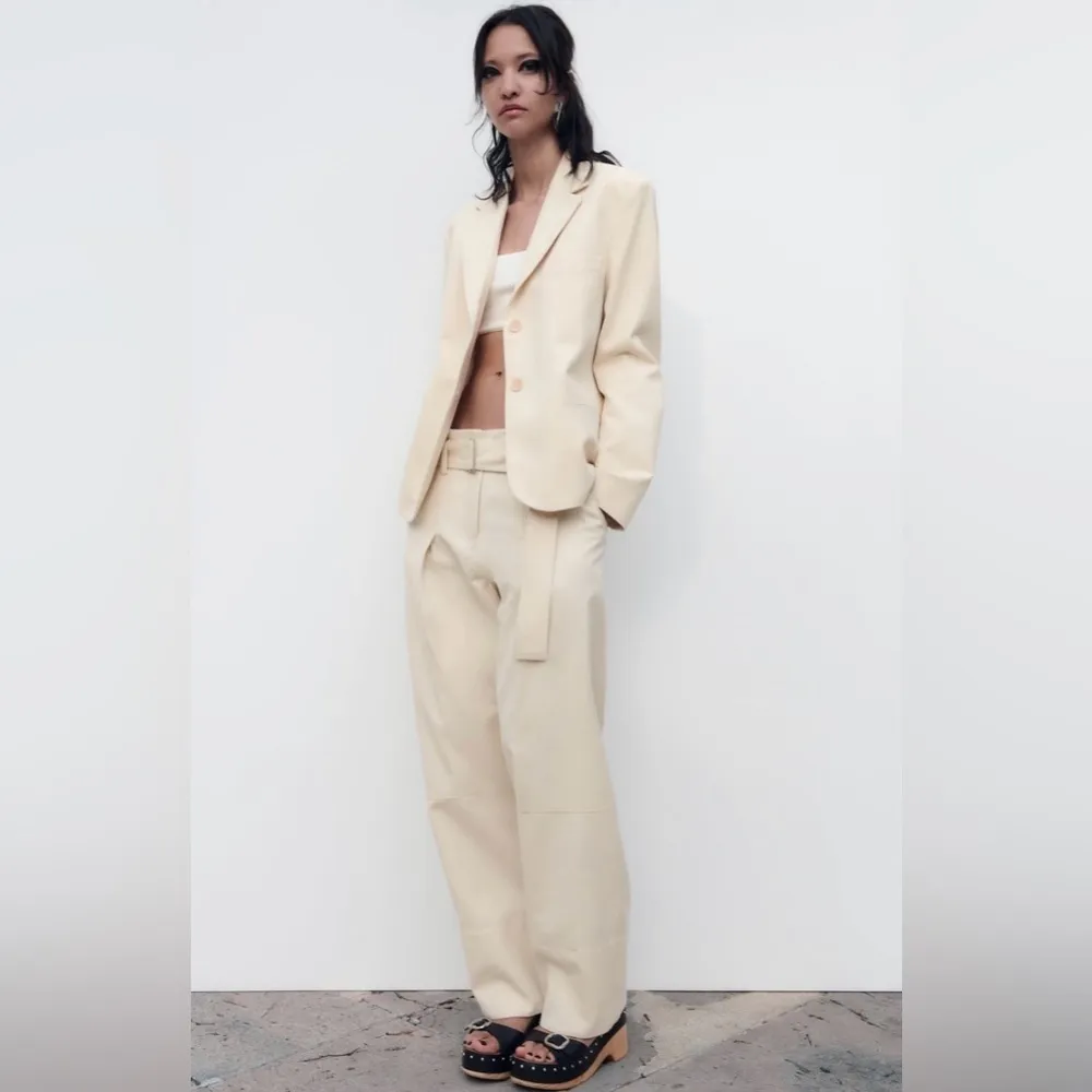 Zara Women Oyster White Bloggers Fav High-Rise Belted Cotton Loose Pants Sz L‎ - Image 6