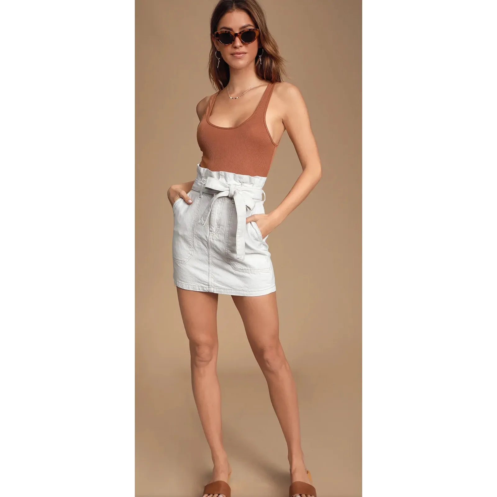 Free People Splendor In The Grass Paper Bag Waist Mini Skirt in Neutral‎ Size 0 - Image 4