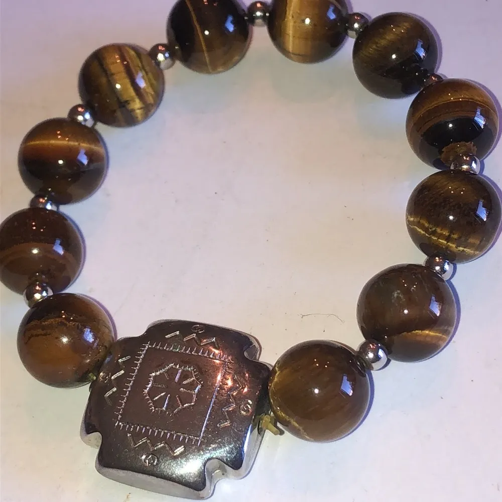 Tigers Eye Beads Boho Silver Tone Tribal Beaded Stretchy Bracelet - Image 2